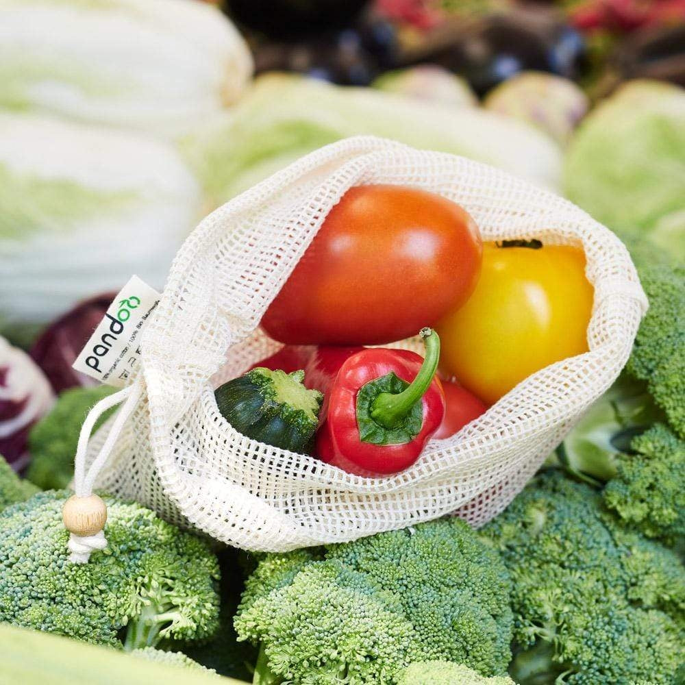 Sacchetto in rete di cotone biologico per frutta, verdura e pane set 7 pezzi