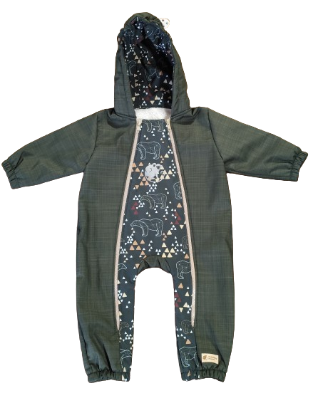 Monkey Mum® Tuta softshell invernale per bambini con interno in pile teddy - Piccolo cacciatore kaki con l'orso - tag.62/68, 74/80