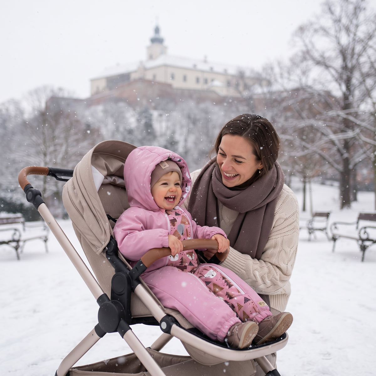 Monkey Mum® Tuta softshell invernale per bambini con interno in pile teddy - Pecorella rosa nel bosco - tag. 62/68, 74/80
