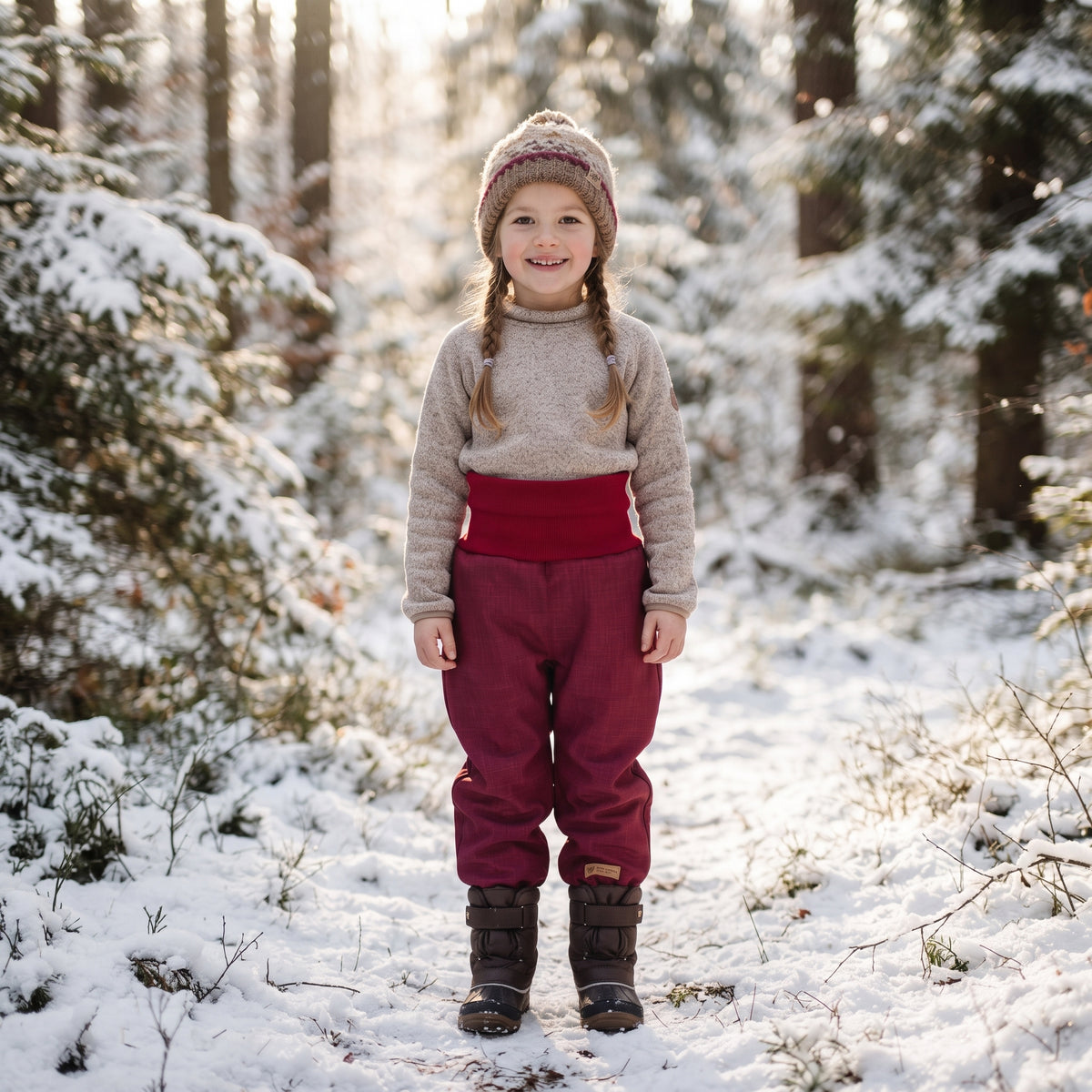 Pantaloni softshell invernali crescenti per bambini con pile Monkey Mum® - Cappuccetto rosso vinaccia
