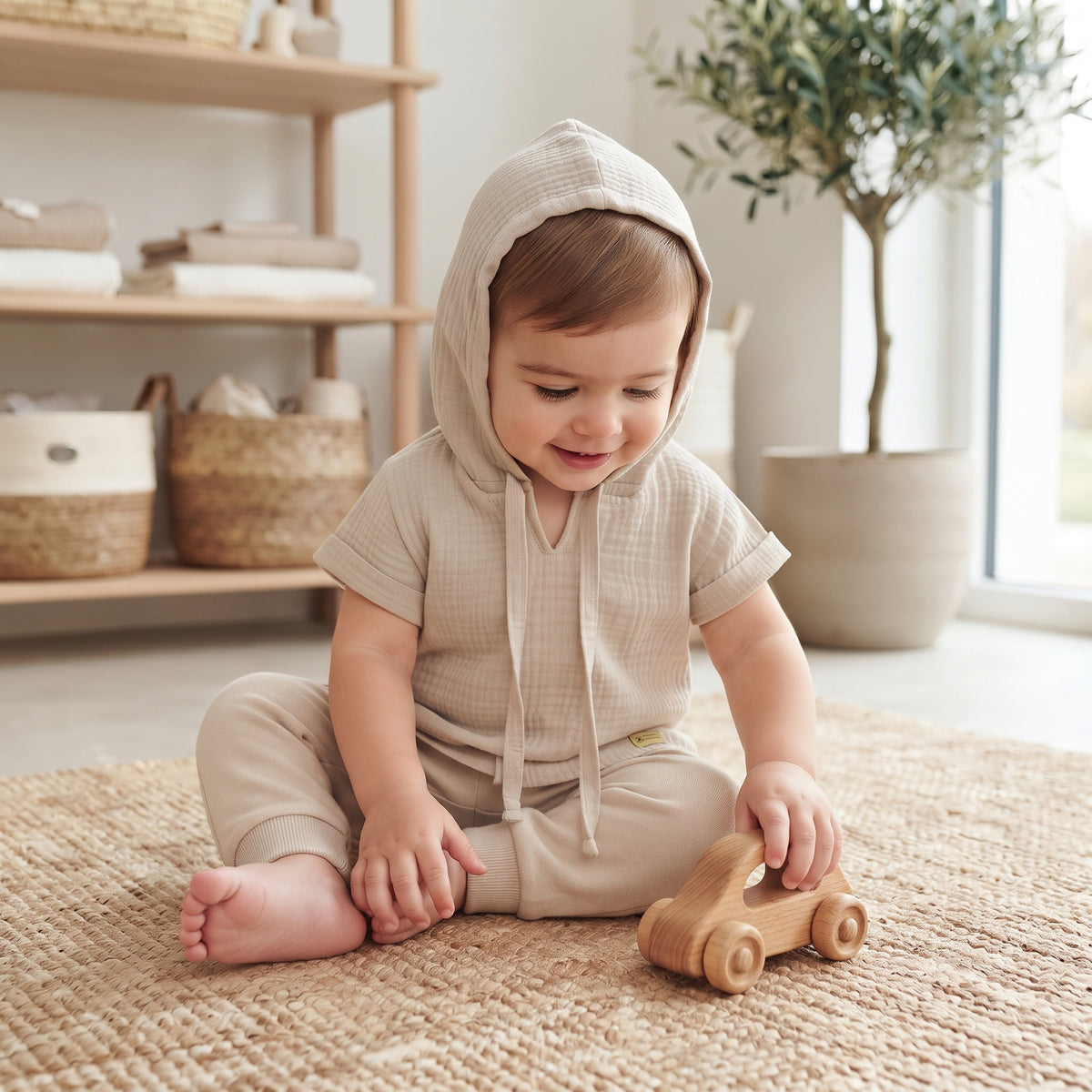 Maglietta con cappuccio in mussola Monkey Mum® - Beige
