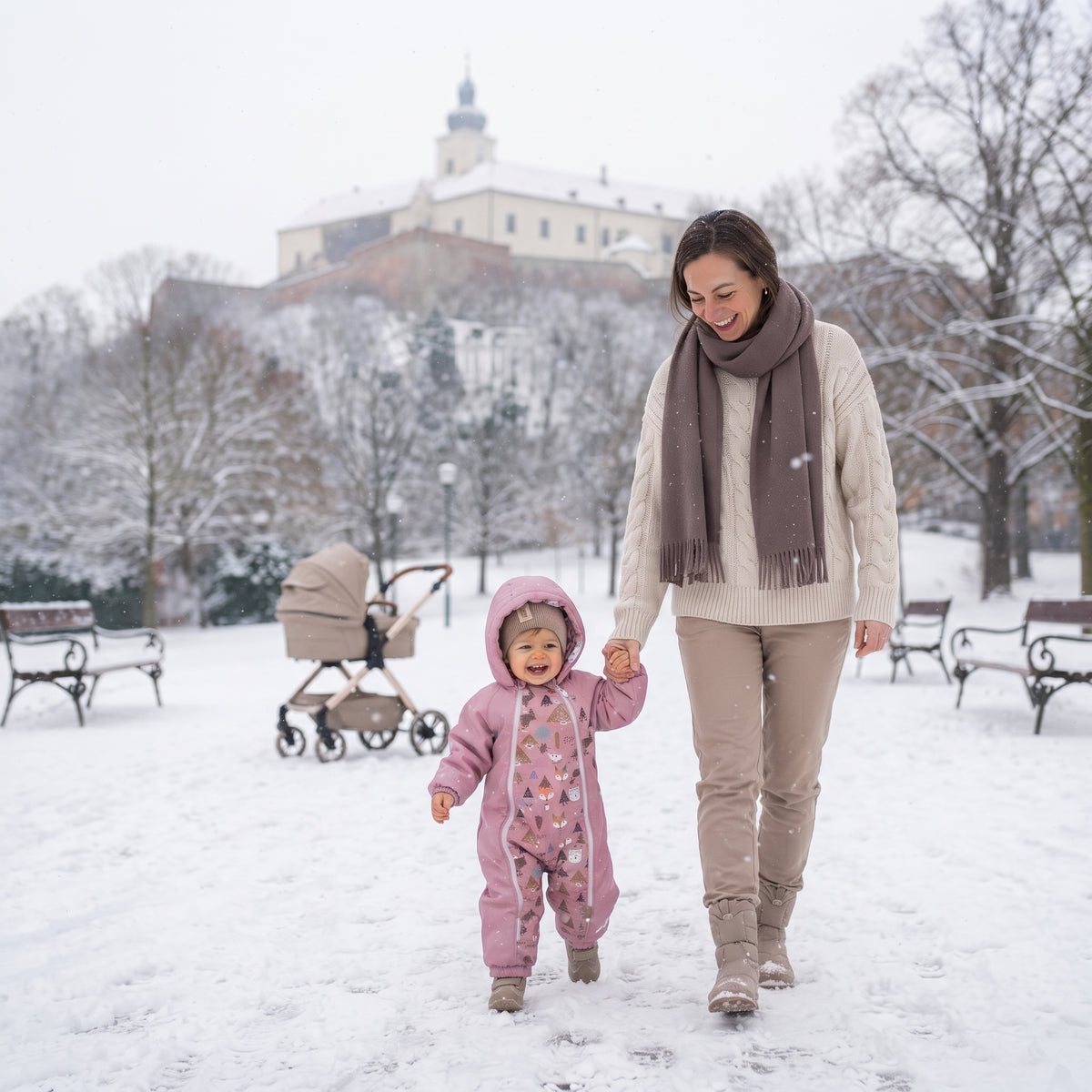 Monkey Mum® Tuta softshell invernale per bambini con interno in pile teddy - Pecorella rosa nel bosco - tag. 62/68, 74/80