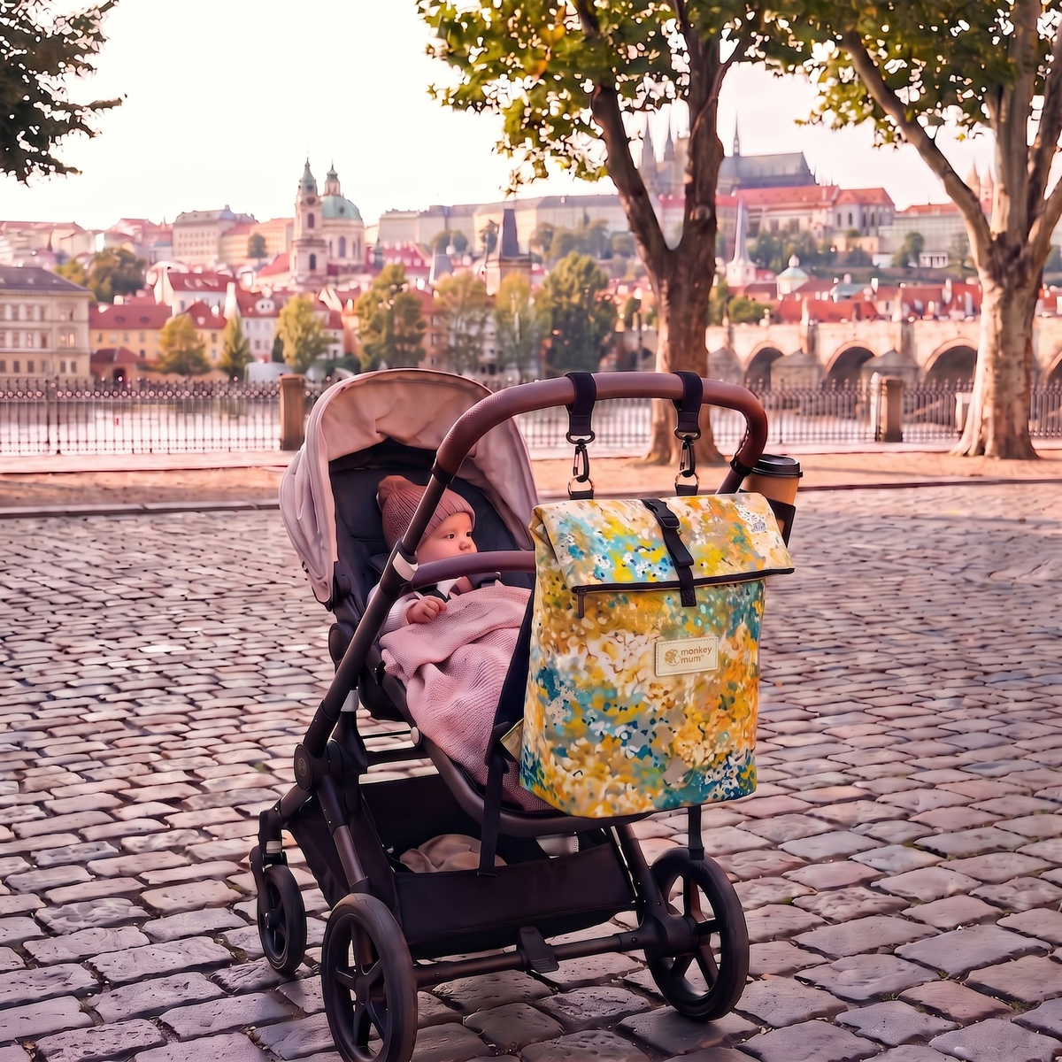 Monkey Mum® Zaino in twill per passeggino – Prato fiorito