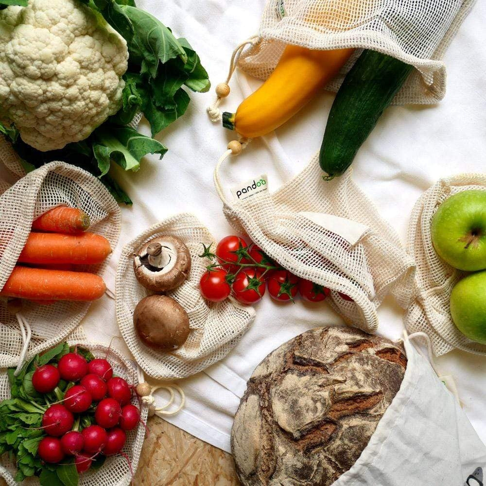 Sacchetto in rete di cotone biologico per frutta, verdura e pane set 7 pezzi
