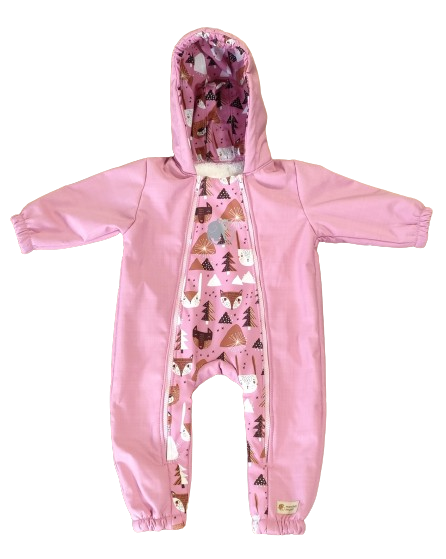 Monkey Mum® Tuta softshell invernale per bambini con interno in pile teddy - Pecorella rosa nel bosco - tag. 62/68, 74/80