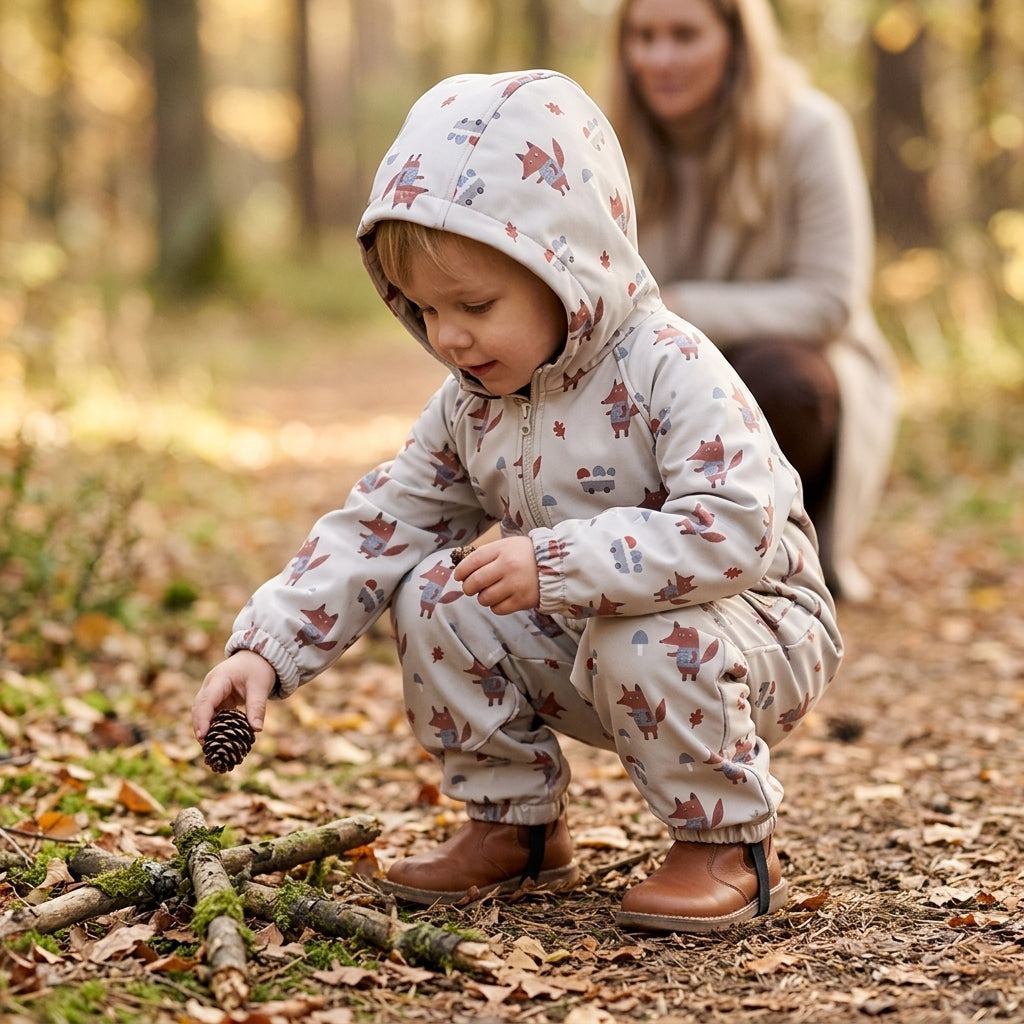 Tuta softshell con membrana Monkey Mum® – Volpi sui funghi - dim. 98/104, 110/116