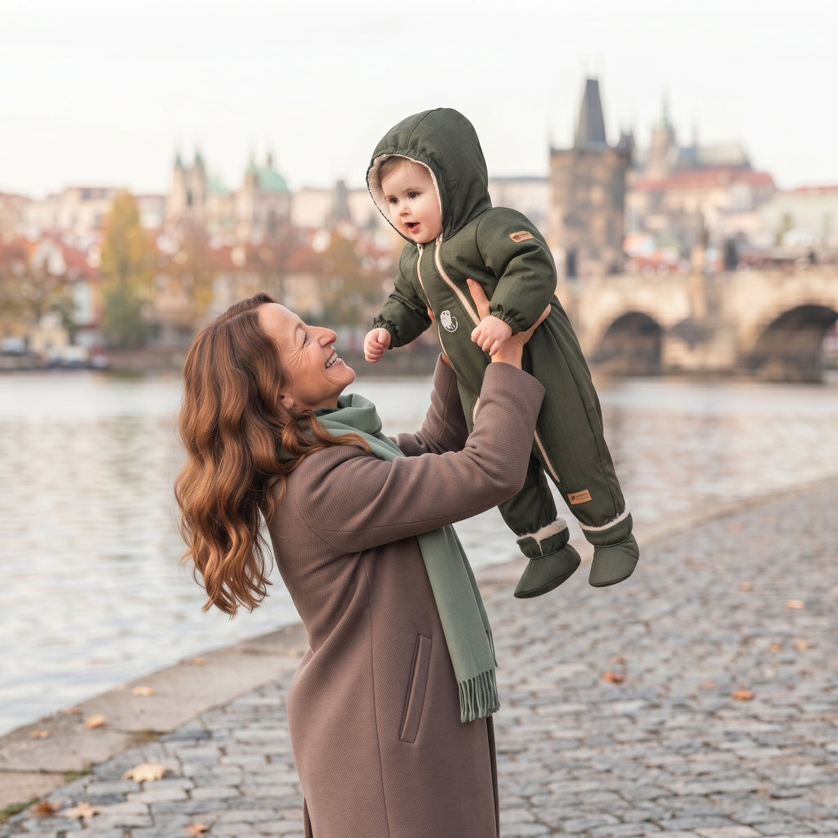 Monkey Mum® Tuta invernale softshell per bambini con pile - Cacciatorino kaki - taglia 62/68, 74/80