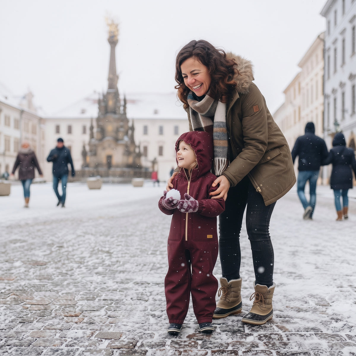 Monkey Mum® Tuta softshell invernale per bambini con interno in pile teddy - Cappuccetto Rosso bordeaux - tag. 98/104, 110/116