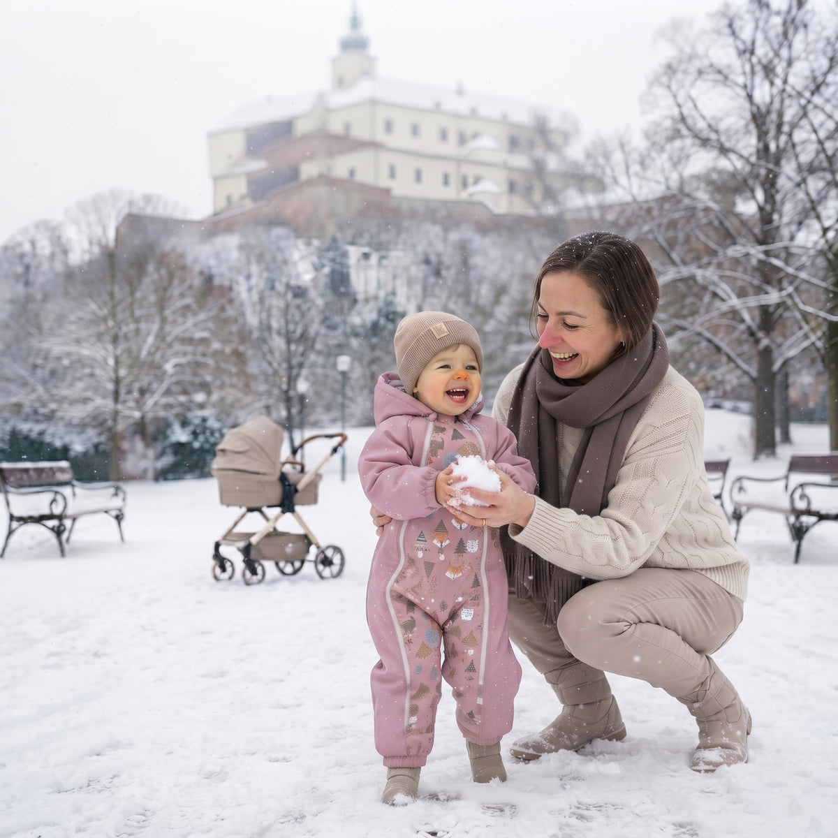 Monkey Mum® Tuta softshell invernale per bambini con interno in pile teddy - Pecorella rosa nel bosco - tag. 62/68, 74/80