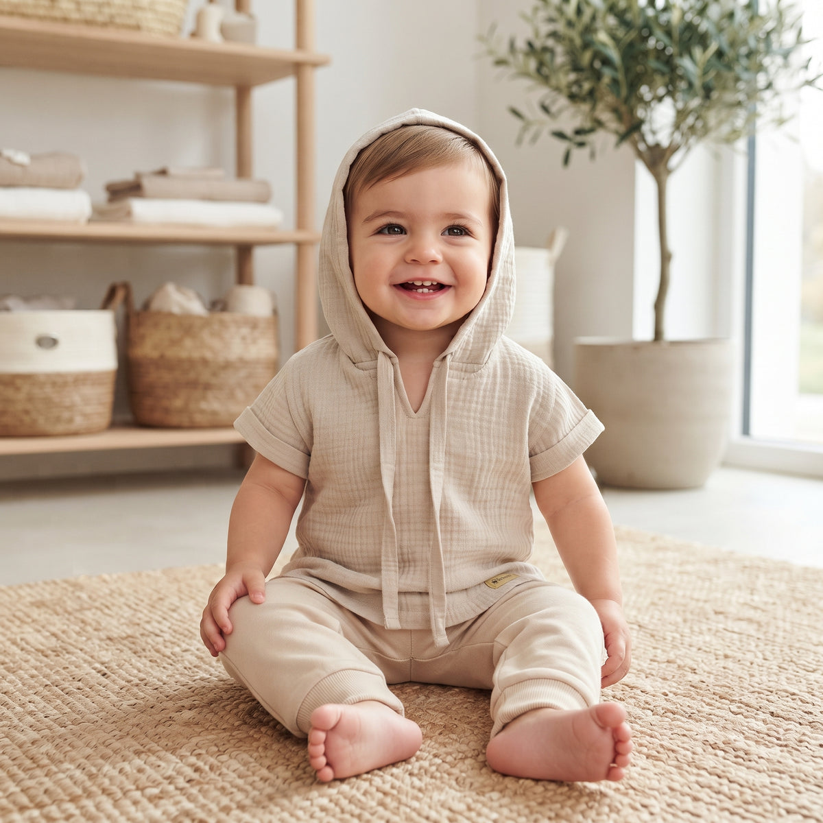 Maglietta con cappuccio in mussola Monkey Mum® - Beige