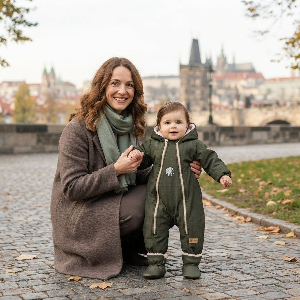 Monkey Mum® Tuta invernale softshell per bambini con pile - Cacciatorino kaki - taglia 62/68, 74/80