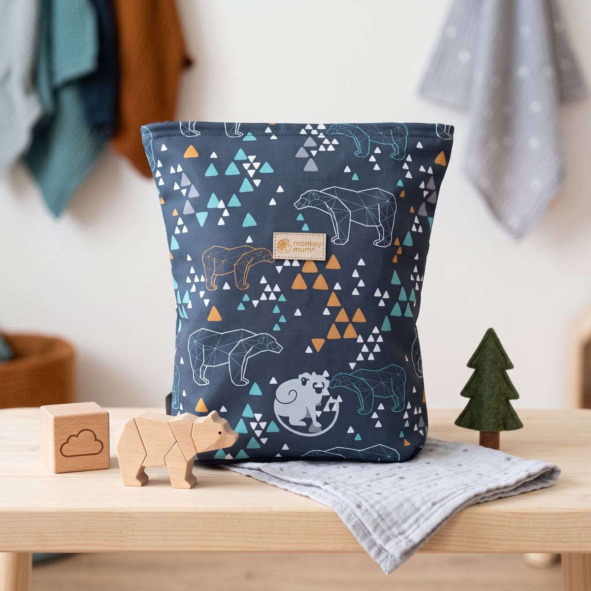 Zainetto softshell per bambini Monkey Mum® - Orso origami - Blu scuro
