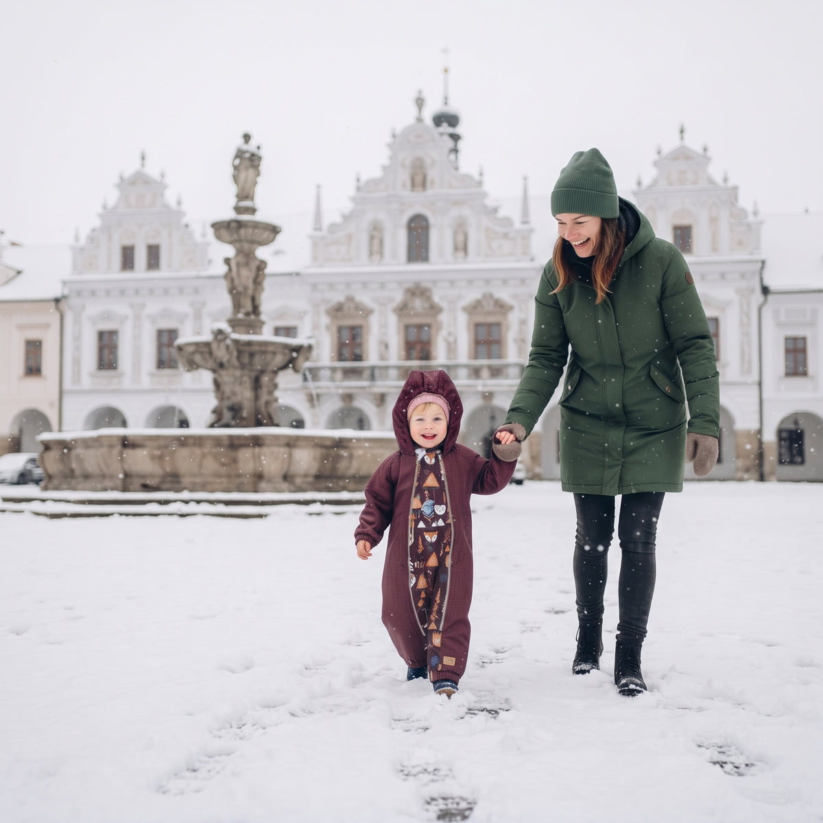 Monkey Mum® Tuta softshell invernale per bambini con interno in pile teddy - Cappuccetto Rosso bordeaux nel bosco - tag. 62/68, 74/80