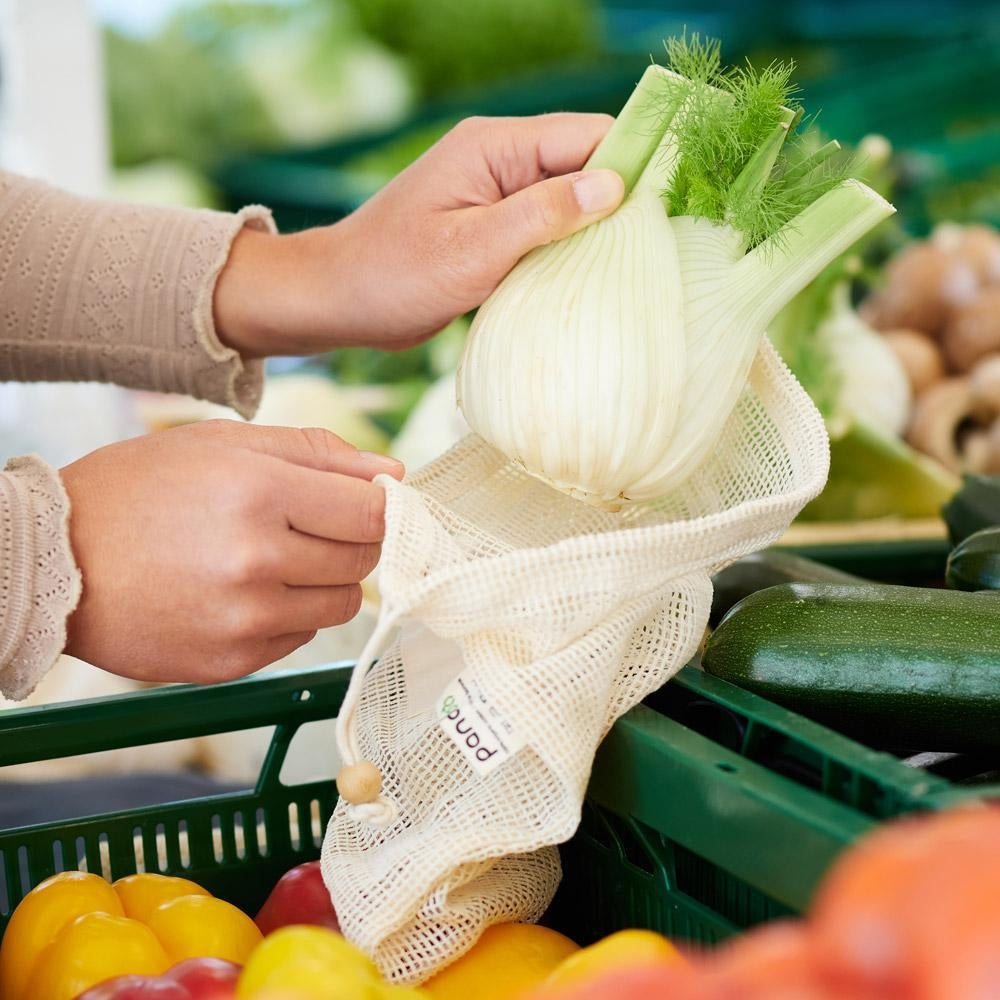 Sacchetto in rete di cotone biologico per frutta, verdura e pane set 7 pezzi