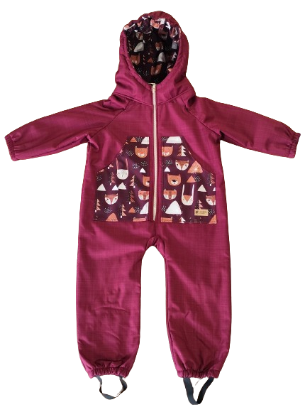 Monkey Mum® Tuta softshell invernale per bambini con interno in pile teddy - Cappuccetto Rosso bordeaux nel bosco - tag. 98/104, 110/116
