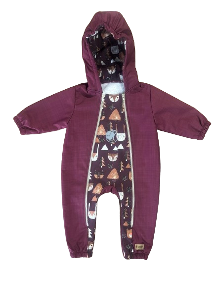 Monkey Mum® Tuta softshell invernale per bambini con interno in pile teddy - Cappuccetto Rosso bordeaux nel bosco - tag. 62/68, 74/80