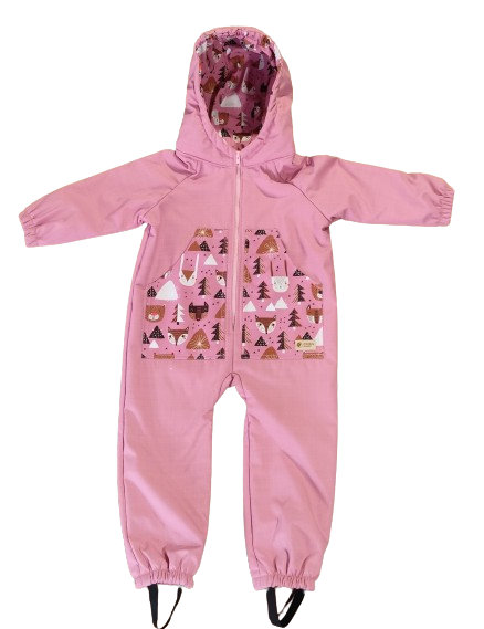 Monkey Mum® Tuta softshell invernale per bambini con interno in pile teddy - Pecorella rosa nel bosco - tag. 98/104, 110/116